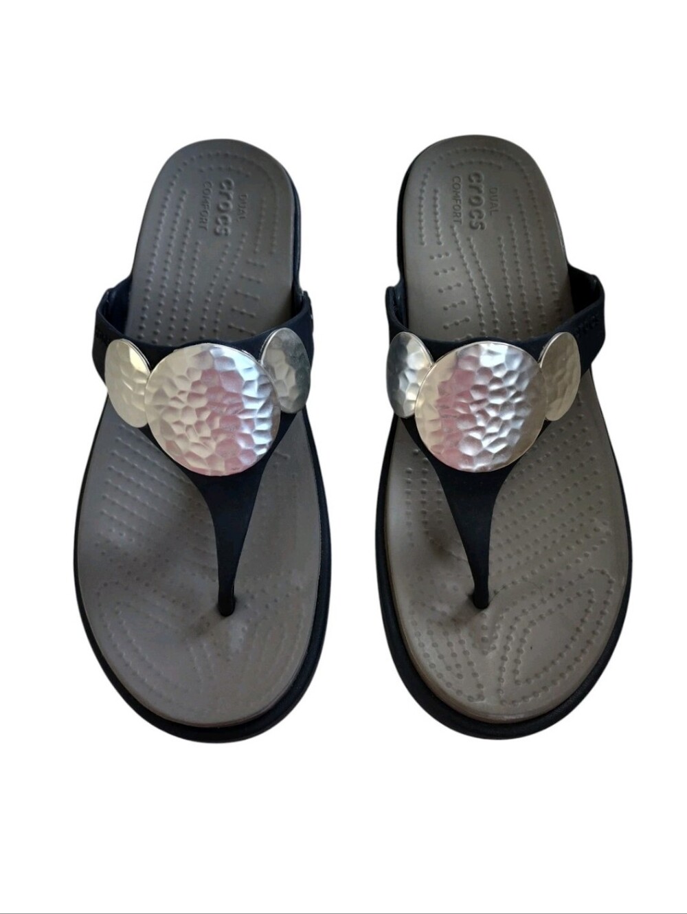 Crocs Women Sanrah Hammered Circle Wedge Flip Flops Size 10 Navy Grey Metallic